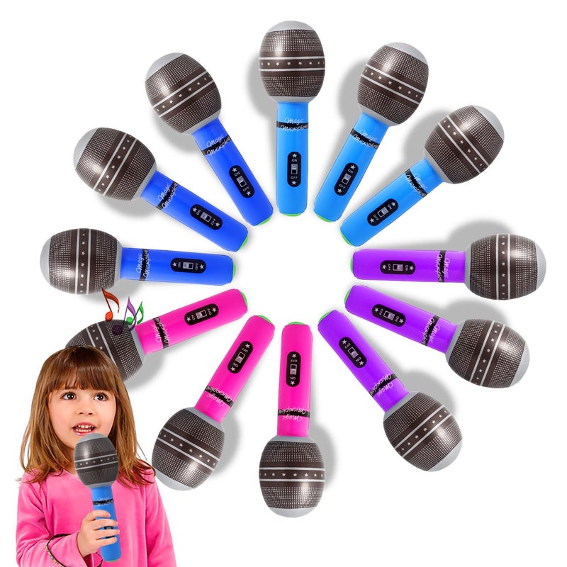 Novelty Place 12-Piece Inflatable Microphones - Assorted Colors, Giant Blow-Up Rock Star Microphones for 80s, 90s Musical Concert Party Favors (10 Inches) - Image 1